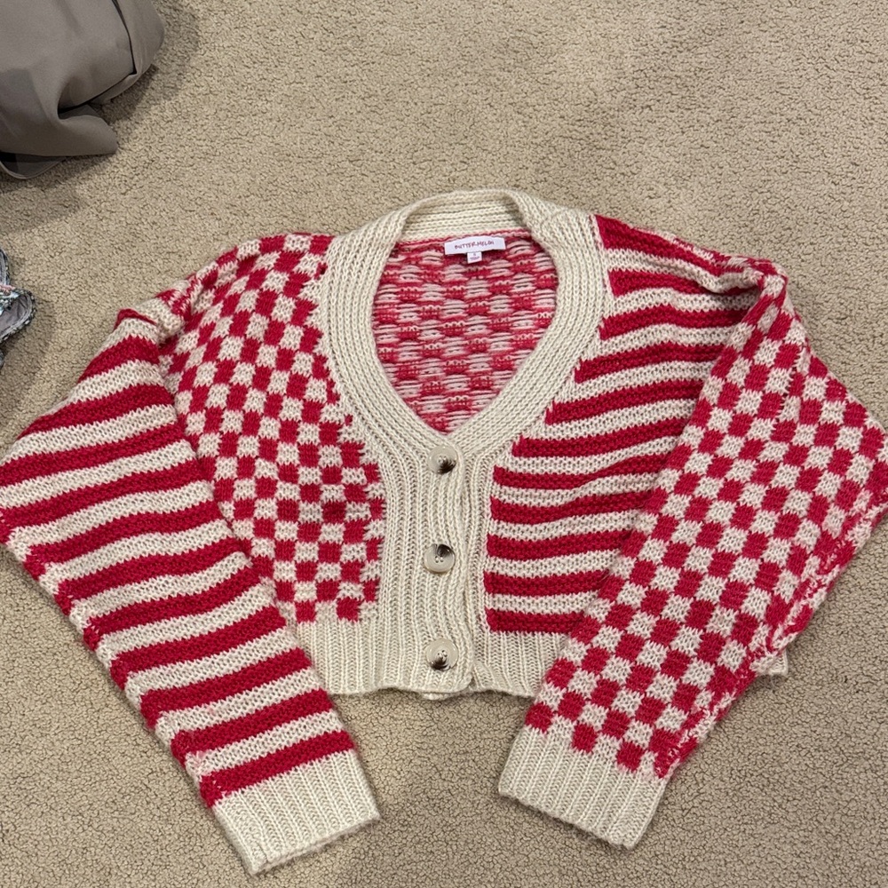 Crochet-Style Red & Cream Checkerboard Striped Women's Cardigan Sweater